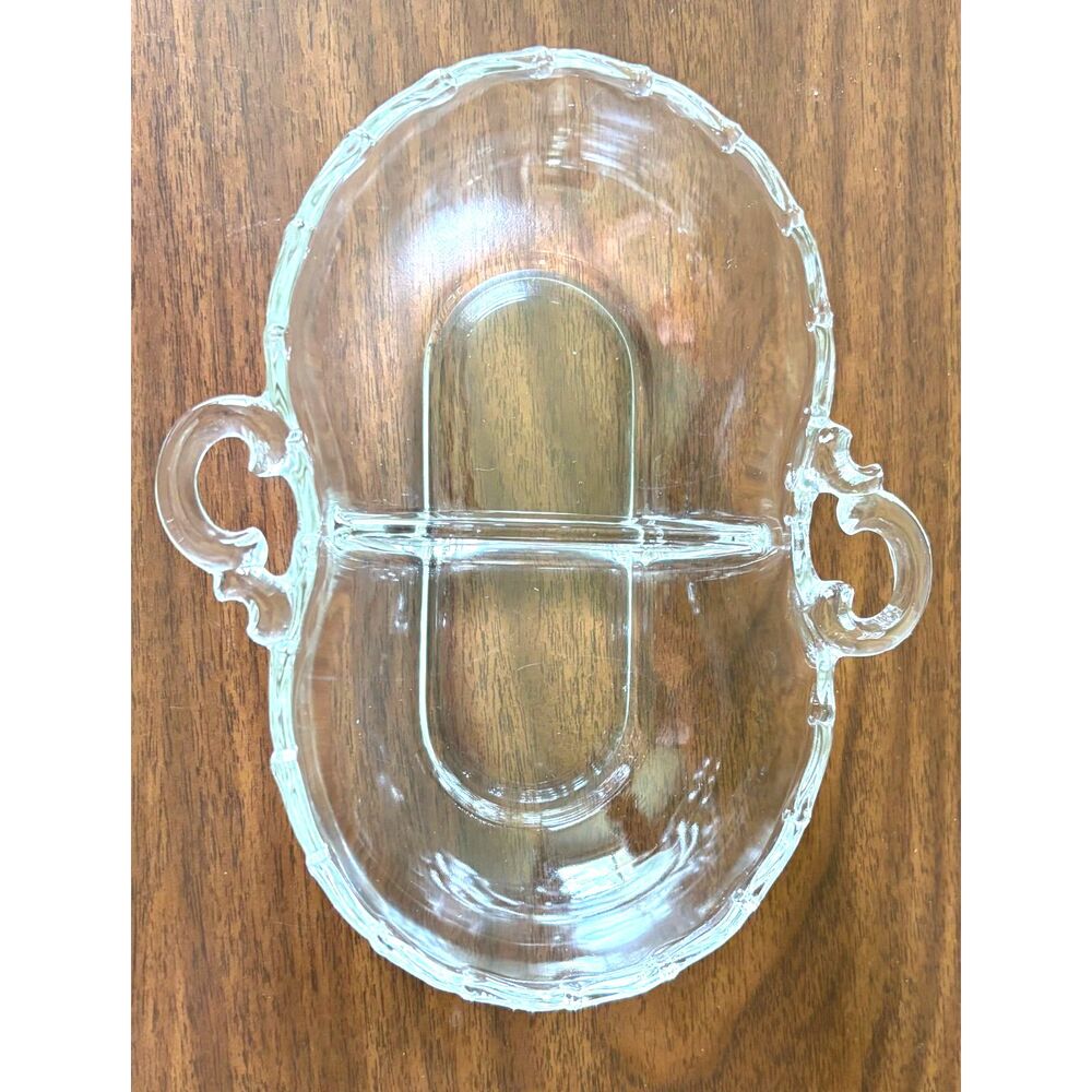 VTG Fostoria Century Glass Divided Relish Dish Serving Tray Scroll Handle Bamboo